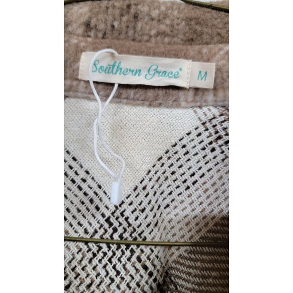 Southern Grace Plaid Shacket Jacket Brown Beige Tweed Pockets Button Down - Picture 5 of 6